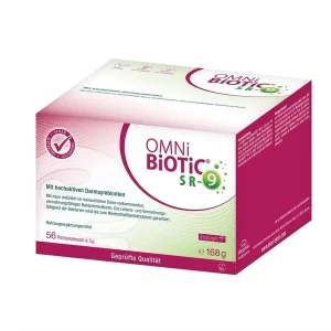 Image shows: Institut Allergosan Omni-biotic SR-9 Portionsbeutel 56 St. PZN 15198261. Lions-Pharmacy