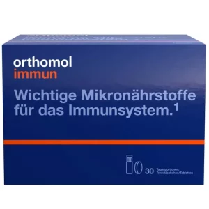 A box Orthomol immun drink bottles tablets combo, PZN 01319991, manufactorere Orthomol presented by Lions pharmacy